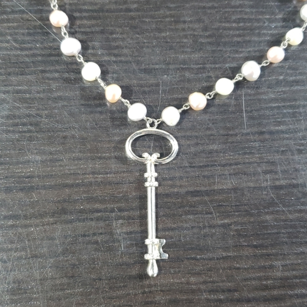 Colorful pearl necklace with silver key charm